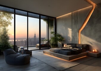 Wellness focused bedroom circadian lighting soft shadows minimalist,