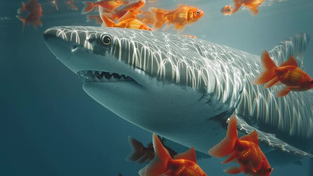 Goldfish swim toward mirrored glass wall and interact with reflections in clear water setting just below the surface