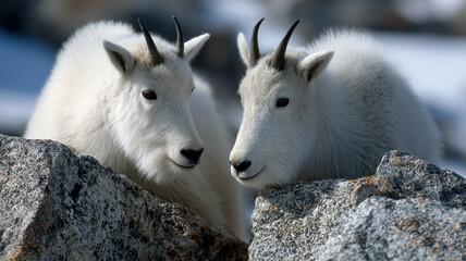 Two mountain goats nestled among rocky terrain in the snow.