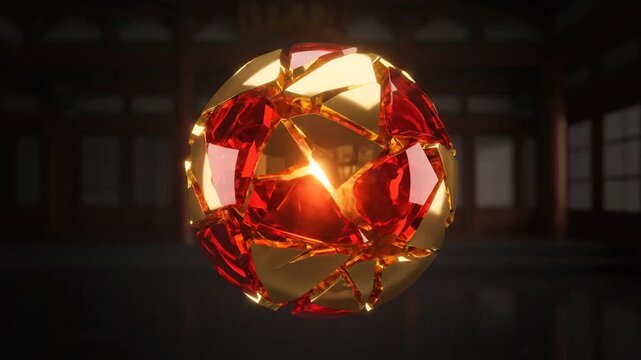 Geometric gold and ruby fragments form a powerful glowing orb, engulfed in flames, against a dark traditional background.