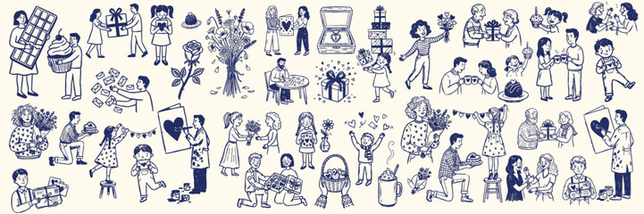 Whimsical kids doodle valentine scenes showing couples exchanging gifts and flowers, families baking, children playing, blue ink landscape romantic moments