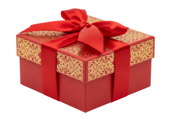 red gift box with ornate gold lid and red ribbon bow