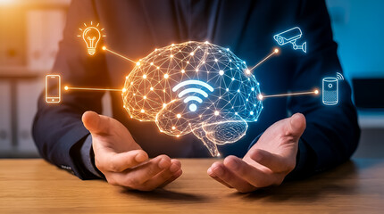 Hands Holding AI Brain Hologram Controlling Smart Home Automation Devices and IoT Network Interface
