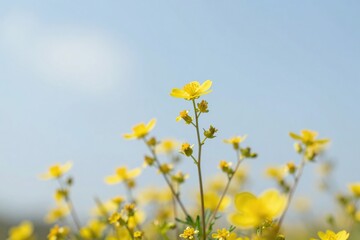Yellow wildflowers in a sunny field. Small buttercup blossoms reaching toward a clear blue sky with soft bokeh, nature, spring, summer, meadow, floral.