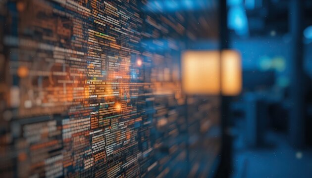 Digital data background. Glowing orange computer code and binary information flowing across a dark screen in a server room, technology, cybersecurity, programming, network.