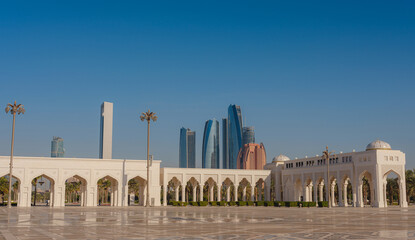 Qasr Al Watan Palace Exterior Architecture Abu Dhabi UAE Description: Magnificent white facade of Qasr Al Watan presidential palace stands under clear blue sky. modern Islamic design in Abu Dhabi. © Seleznov_Molchanova