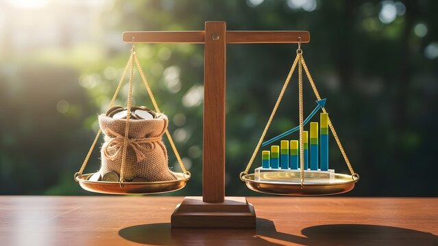 Balanced financial scales with money bag and growth chart. Investment stability and wealth management. Wooden scale balancing savings against rising market statistics