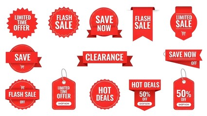 High-conversion red sale badges designed using marketing psychology, bold contrast, attention-grabbing typography, clean flat vector design, white background, ecommerce CTA elements, professional prom