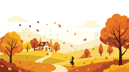 Naklejka premium Idyllic autumn landscape with a cozy house, rolling hills, golden trees, and birds flying in a soft sky represents the peace and beauty of the season.
