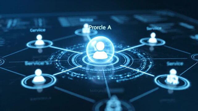 Dynamic digital network connecting diverse users and services, illustrating a centralized system for data and communication management in a modern technological environment