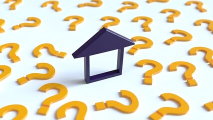 Conceptual 3D illustration of a dark purple house outline surrounded by numerous bright yellow question marks on a clean white background.