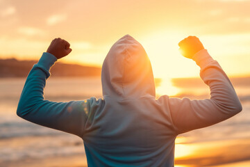 Back view of strong motivated woman celebrating workout goals towards the sun. Morning healthy training success. 
