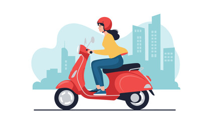 Young woman wearing a red helmet riding a classic red motor scooter through a city landscape with a soft teal blue skyline background.