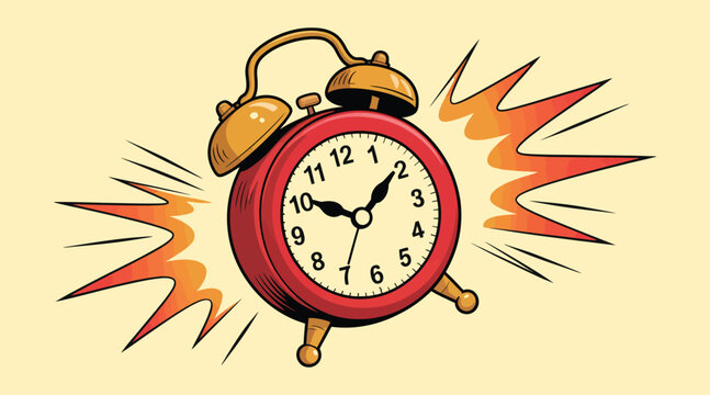 Retro Alarm Clock with Rings and Colorful Comic Book Style Explosion Effect, Vector Illustration Representing Loud Sound, Wake Up, Morning Routine, Time Management