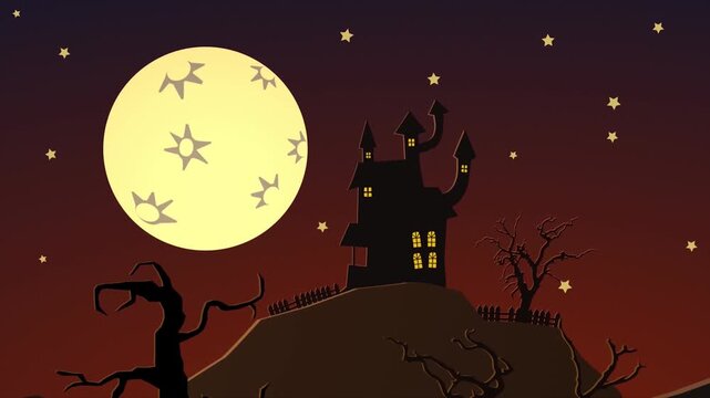 Spooky Halloween night with a full moon, haunted house, bats, trees, and pumpkins in a dark cartoon style vector illustration