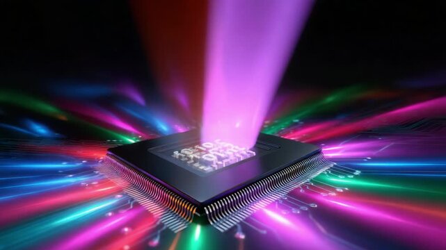 A vibrant visual showcase of a computer microchip emitting beams of colorful light, representing cutting-edge technology, innovation, and advanced circuitry, highlighting the interplay of data, color