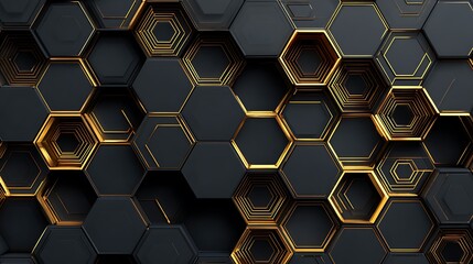 3D rendered hexagonal pattern with black and gold metallic elements, futuristic design