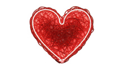 A captivating red heart made of interwoven threads with a vibrant white glowing outline isolated on transparent background