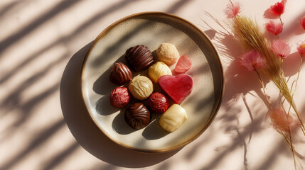 Assorted chocolate pralines on ceramic plate with heart shaped candy