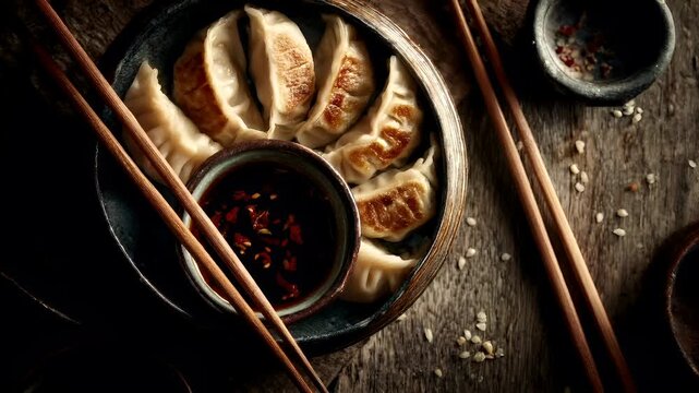 Chinese lunar new year holiday celebration. Spring festival tradition. Chunjie. Asia. A closeup shot of a bowl of dumplings with chopsticks and dipping sauce on a wooden table.