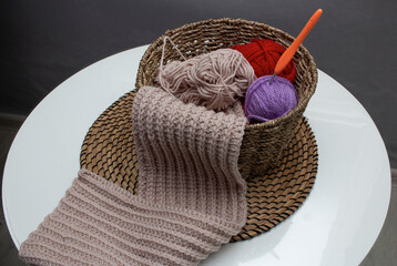 Crochet yarn and hook flat lay composition