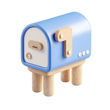 Isometric 3D rendering of a light blue and beige mailbox, wooden details