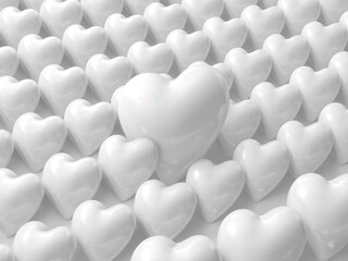 Minimal white 3D hearts with one prominent heart symbolizing individuality, love and emotional focus. Clean aesthetic for branding, relationships and modern concepts, Cloud Dancer, 2026.