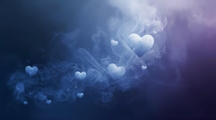 Dreamy abstract background with floating white hearts surrounded by ethereal smoke and light rays in blue purple gradient. Perfect Valentine's Day 2026 romantic design, love theme, magical atmosphere