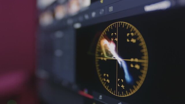 Color correction indicator graph on screen. RGB colour graphic bar on monitor in post process. Telecine stage in video or film production processing. for colorist digital grading