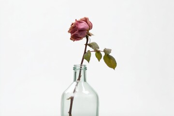 Obraz premium Withered pink rose in clear glass bottle against white background