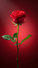 Fototapeta premium Beautiful red rose with long stem on dark red gradient background