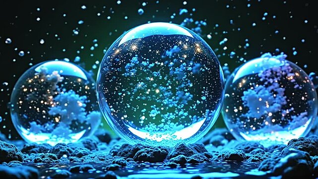 Neon globes explode resin bubble texture, forming delicate patterns against a green background, with sparkling stars twinkling in a cosmic, futuristic display at night.
