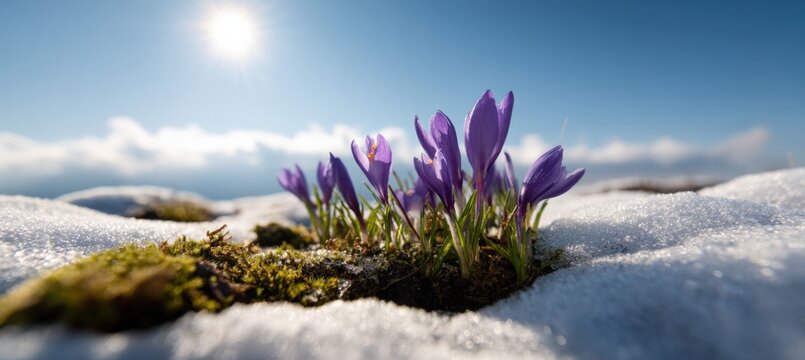 Purple crocuses blooming through snow in sunny landscape