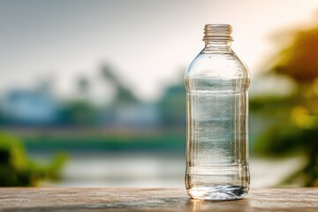 Obraz premium Clear plastic water bottle on a wooden surface, out-of-focus background of nature