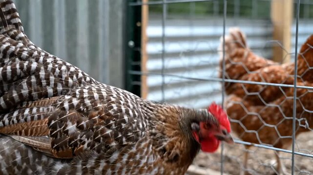 Hen By Fence, Colorful Hen Positioned Beside Fencing Among Multiple Roosters Or Hens, Vividly Marked Farm Hen Calmly Standing By Fencing Amidst Various Farmyard Avian Companions