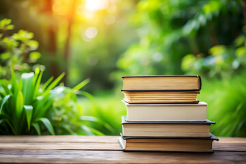 Books on Flat Surface with Soft Green Bokeh Background.