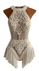 Obraz premium Detailed Macrame Halter Dress with Fringes and Floral Ornament