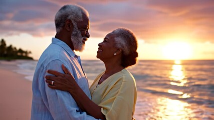 Elderly couple embracing on beach at sunset