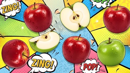 Vibrant comic style apples with dynamic pop art background and speech bubbles