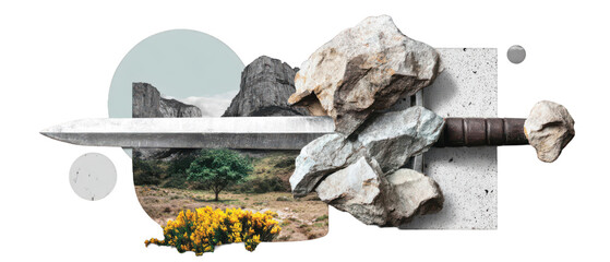 Collage sword landscape with rocky fragments and yellow flowers, dramatic mythical feel