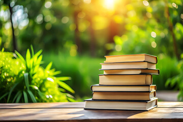 Hardcover Books Stack with Blurred Garden Background.