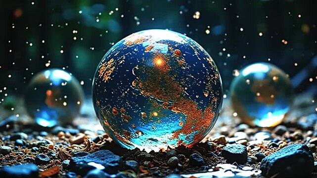 Dynamic globes explode resin bubble texture, spiraling into vibrant patterns against a green background, with sparkling dust swirling in a festive, celebratory scene at night.