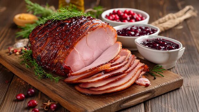 Sliced ham with spices and cranberry sauce on a wooden board for an easter dinner.