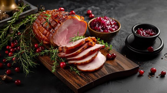 Sliced ham with spices and cranberry sauce on a wooden board for an easter dinner.