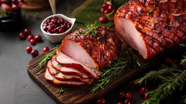 Sliced ham with spices and cranberry sauce on a wooden board for an easter dinner.