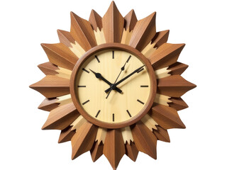 A traditional wooden clock featuring a decorative sunburst design on its face
