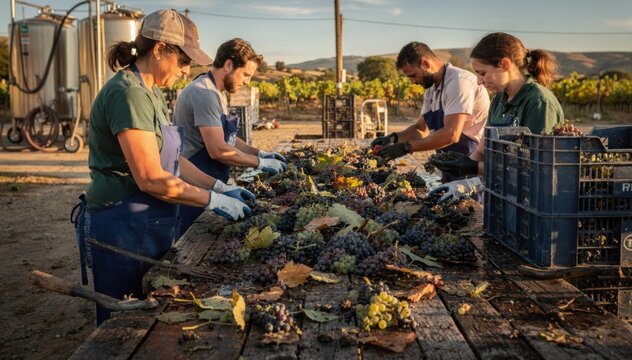 Medium shot of workers sorting freshly harvested grapes on a rustic table outdoors emphasizing human inspection in the grape processing workflow at a crush pad.