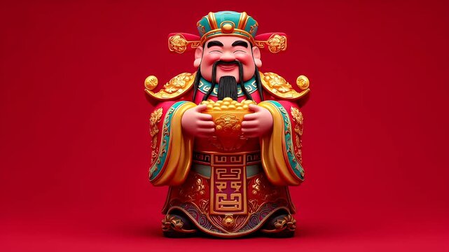 Chinese lunar new year holiday celebration. Spring festival tradition. Chunjie. Asia. 3D rendered traditional Chinese deity statue with gold ingots and red robe.