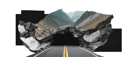 Rugged collage road cutting through mountainous rock with dramatic travel mood