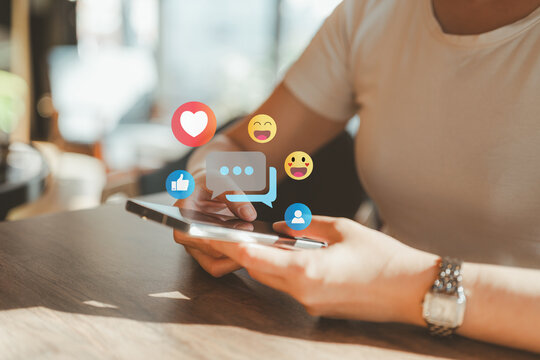 The concept of living on vacation and playing social media. Social media and digital online concept, woman using smart phone.